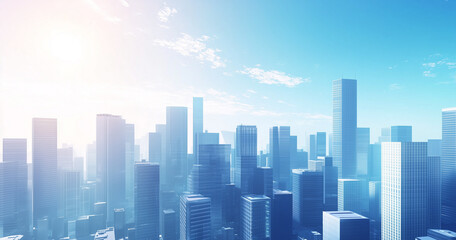 Modern Skyline with High-Rise Office Buildings under Blue Sky