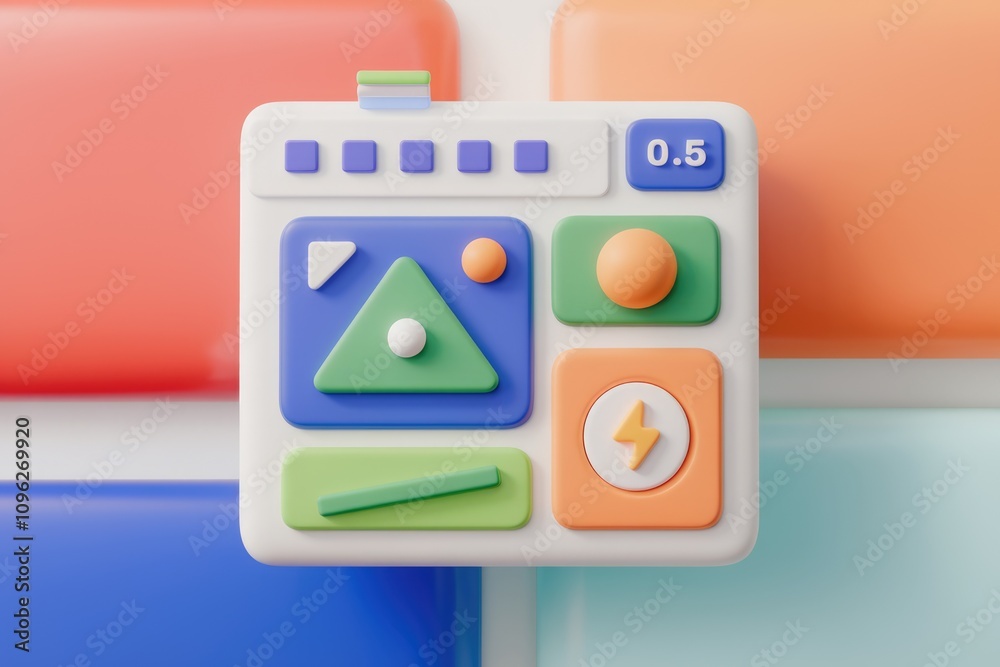 Poster 3D render of a colorful  minimalist UI element with geometric shapes and a power icon