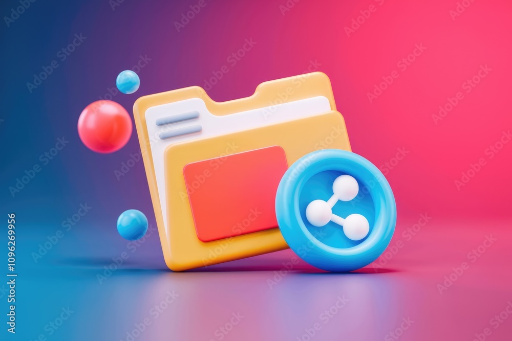 Poster 3D render of a yellow folder icon with a blue share button  illustrating file sharing
