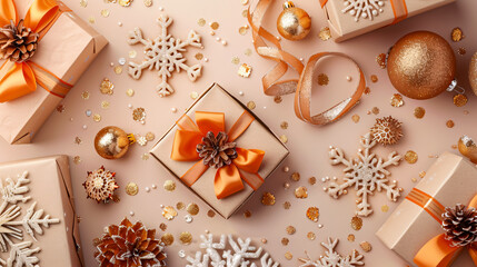 Christmas Gift Inspiration: Top view photo of artisanal gift boxes, ribbon bows, chic orange and gold baubles, shiny stars, snowflake decor, and confetti on a gentle pastel surface.