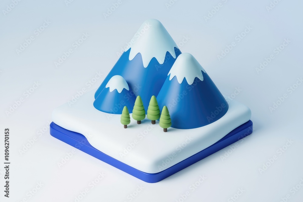 Poster 3d rendering of snow covered mountain with pine trees.