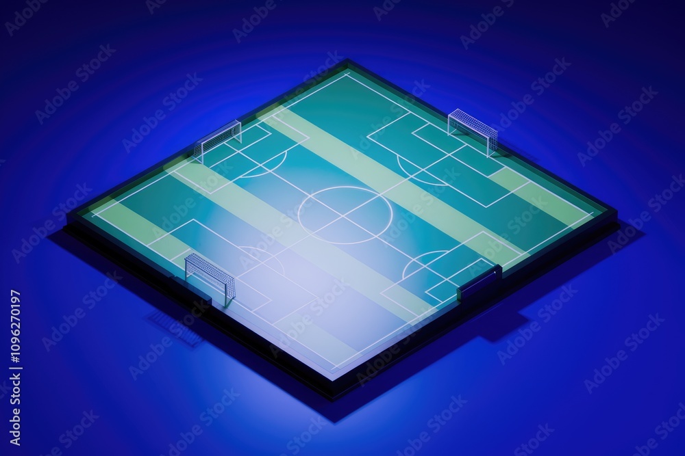 Poster Isometric view of a soccer field with goals   illuminated on a blue background