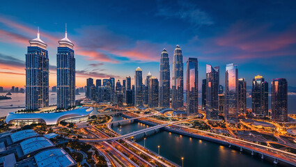 Obraz premium Stunning modern city skyline illuminated at dusk in twilight.