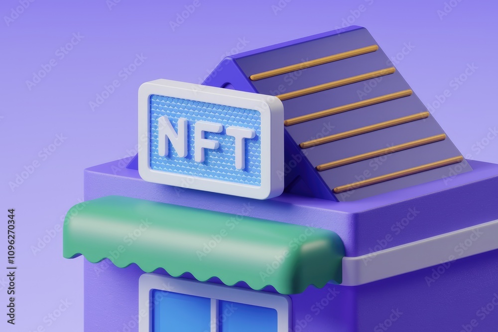 Poster 3d render of an nft shop a cute building with a sign