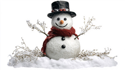 Obraz premium Christmas background. cute snowman and pine tree branch in snow. New Year and Christmas holidays. festive winter season. copy space. template for design 