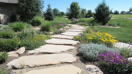 Obraz premium Stone pathway winds through a vibrant garden filled with colorful flowers and lush greenery, AI
