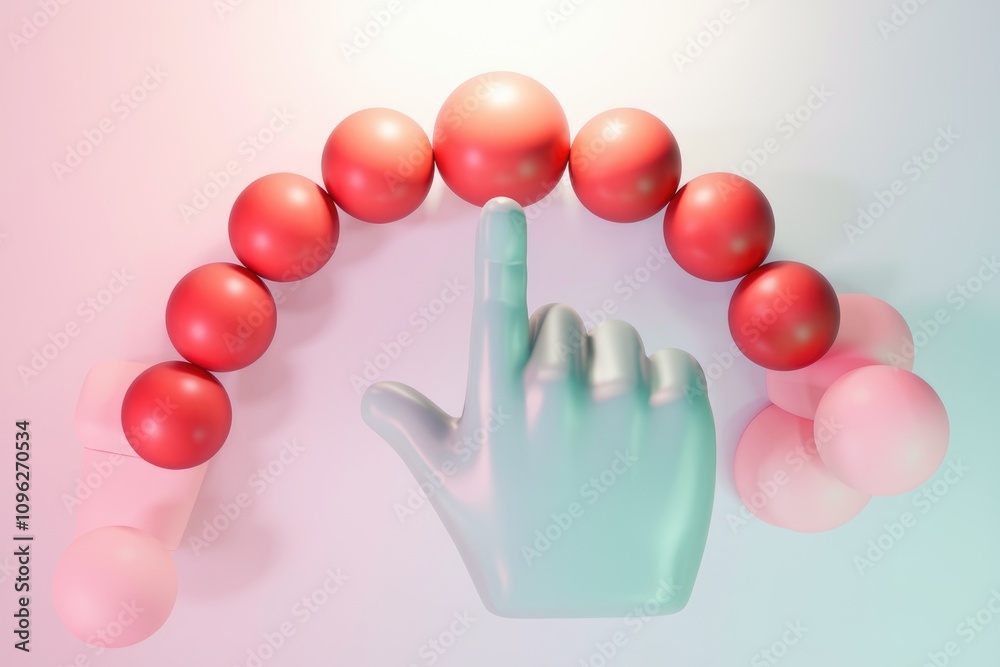 Aufkleber A teal hand points to a semi circle of red spheres  symbolizing selection or interaction