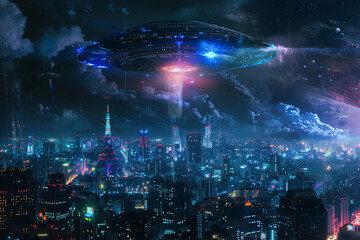 Fototapeta premium Iron oval UFO saucer hovering over beautiful landscape in dramatic sky