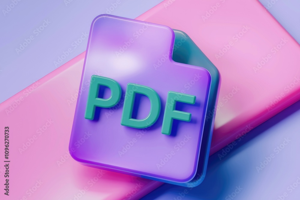 Poster 3d render of a pdf file icon on pastel pink and purple background