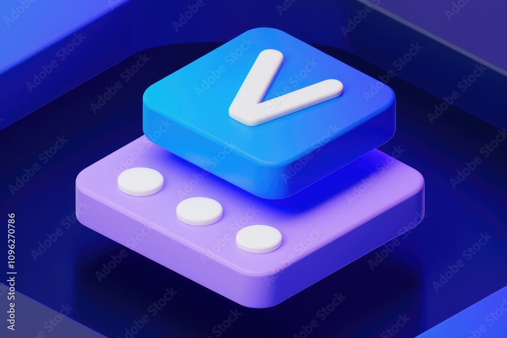 Poster 3d render of a blue and purple block with a white v and three dots