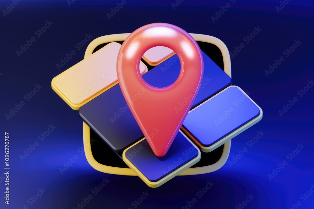 Poster 3D render of a location pin on colorful stacked mobile screens  symbolizing mobile GPS