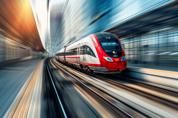 Modern high-speed train in fast motion passes through railway stations