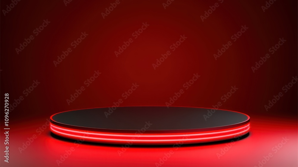 Poster Dynamic red stage platform for events photography and presentations in modern setting