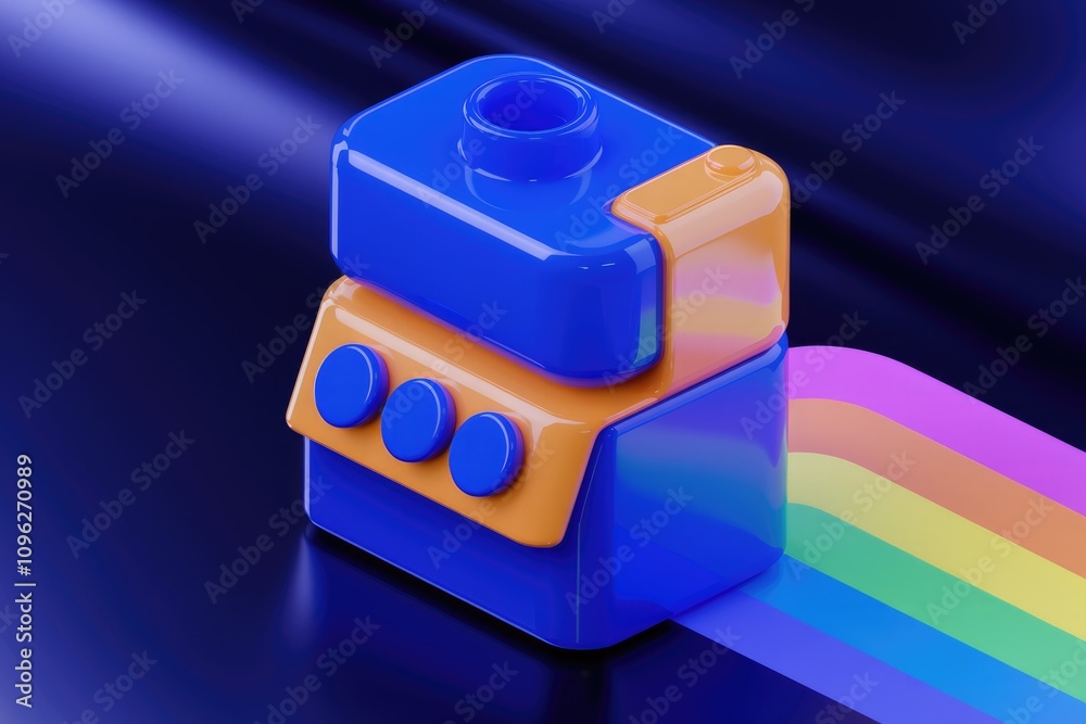 Poster A vibrant 3D render of a stylized blender on a rainbow path