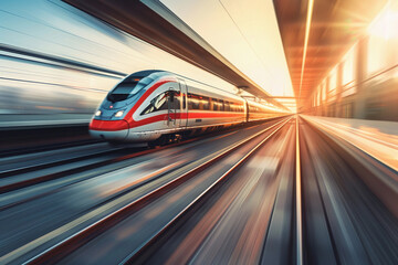 Modern high-speed train in fast motion passes through railway stations