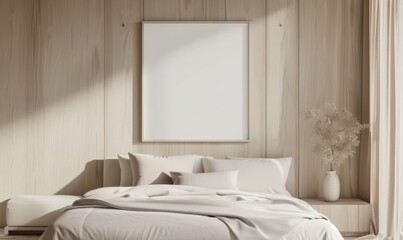 Minimalist bedroom interior with a white bed, wooden wall, and a blank frame