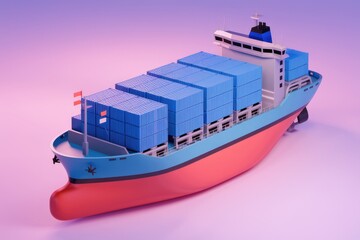 A low poly 3D model of a cargo ship carrying blue containers