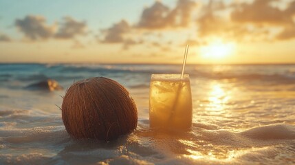 Coconut and Tropical Drink on a Beach at Sunset