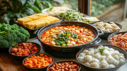 Obraz premium Assorted chinese hot pot ingredients with vegetables and dumplings on table