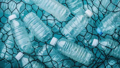 Plastic Pollution Waste Reduction Concept. A collection of discarded plastic water bottles trapped in a fishing net, highlighting the issue of marine pollution.
