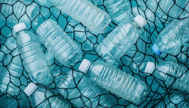 Plastic Pollution Waste Reduction Concept. A collection of discarded plastic water bottles trapped in a fishing net, highlighting the issue of marine pollution.