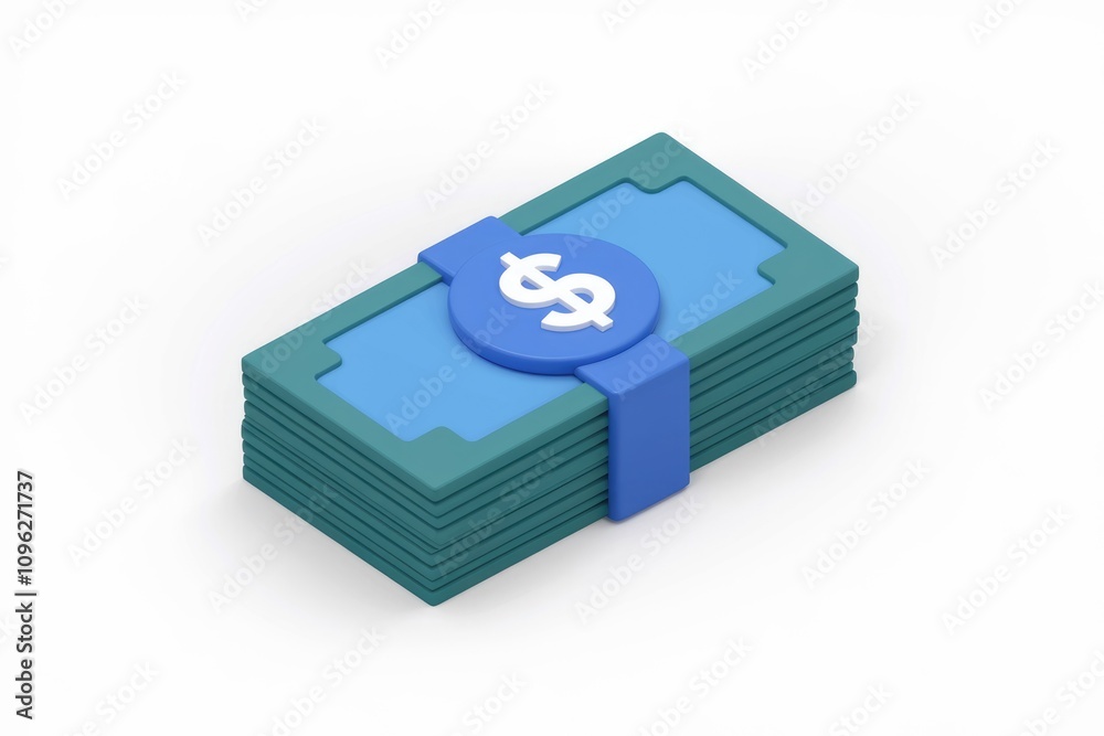 Poster a 3d render of a stack of teal colored banknotes secured with a blue band featuring a dollar sign