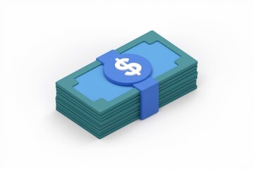 A 3D render of a stack of teal colored banknotes secured with a blue band featuring a dollar sign