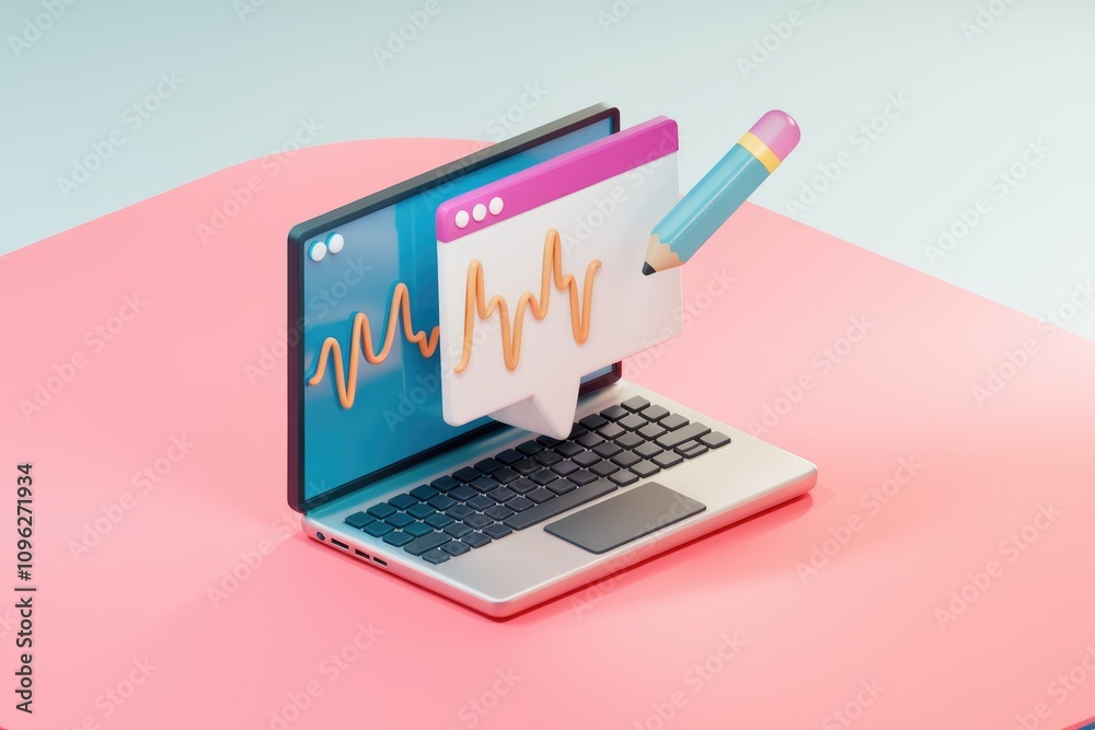 Fototapete laptop screen displays a speech bubble with a wave chart and a pencil symbolizing content creation