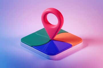 3D pink location pin on colorful square for navigation.