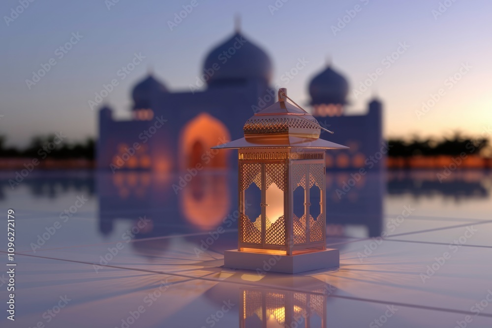 Poster A lit lantern sits on a reflective surface with a mosque in the background at sunset