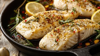 Lemon Herb Infused Fish Fillet with Spices and Fresh Garnishes in a Cast Iron Skillet