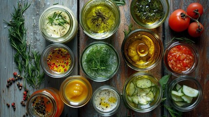 Assorted Jars of Fresh Herbs and Spices on Wooden Table
