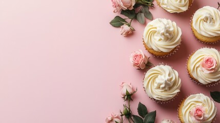 Cupcakes adorned with vanilla cream and delicate pink roses arranged on a soft pink background, perfect for romantic occasions like Valentine's Day or weddings.