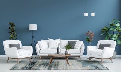 A modern living room with a white sofa. armchair. and coffee table against a blue wall There are plants and a floor lamp in the room