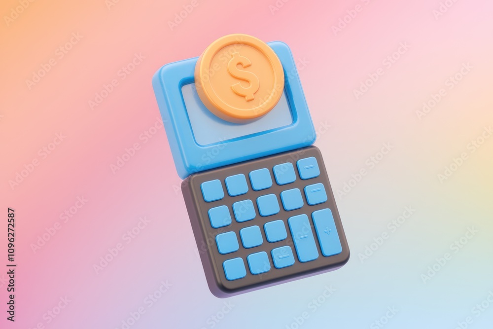 Poster A 3D rendered image of a calculator with a coin on top  symbolizing finance and calculations
