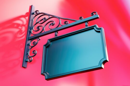 Blank teal signboard with ornate metal hanging bracket against a pink background