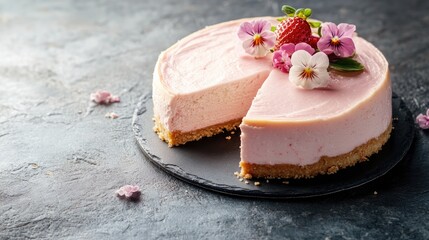 Homemade strawberry cheesecake garnished with edible flowers, displayed on a textured gray surface with a slice removed for a delightful touch.