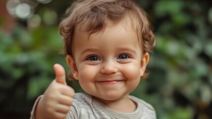 Happy toddler showing a thumbs up gesture with a beaming smile, set against a backdrop of greenery and soft natural light.