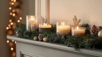 Holiday mantel adorned with a lush garland, glowing candles, pinecones, and festive accents, creating a cozy seasonal ambiance.