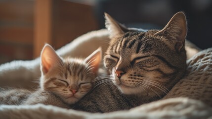 Naklejka premium Cuddling Cats: A serene scene of a tabby adult cat and a young kitten peacefully sleeping together on a cozy blanket, radiating warmth and affection.