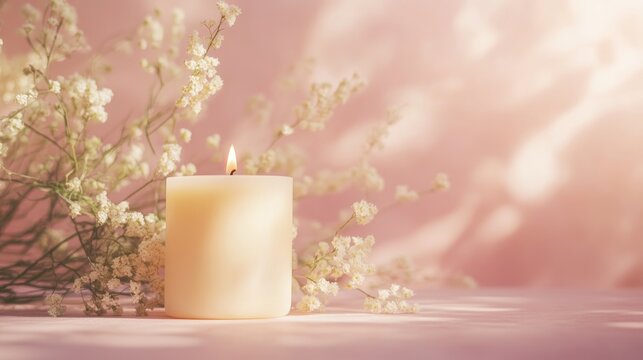 Elegant ivory candle softly glowing on a delicate pink backdrop, surrounded by white flowers, offering serene ambiance and ample copy space. - Powered by Adobe