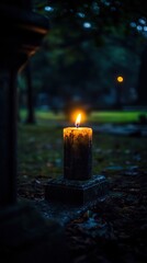 Lit Candle in Cemetery with Autumn Leaves.