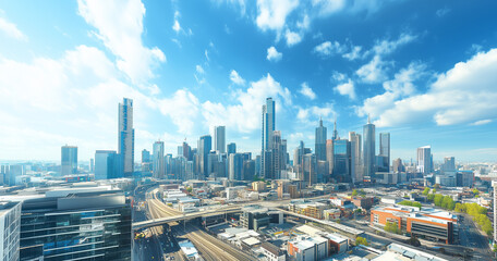 Fototapeta premium Modern Skyline with High-Rise Office Buildings under Blue Sky