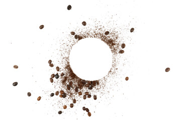 black and brown coffee beans with coffee powder in circle shape copy space isolated on white or...