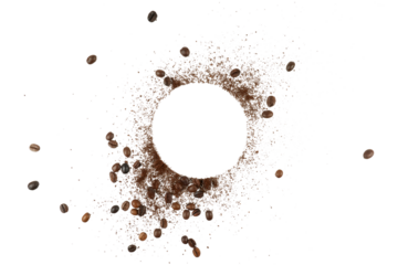 black and brown coffee beans with coffee powder in circle shape copy space isolated on white or transparent png