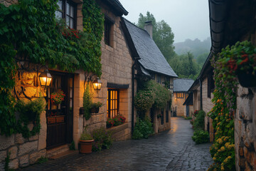 Obraz premium Charming Cobblestone Street in Quaint Village with Ivy-Covered Stone Houses at Twilight.