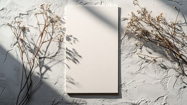 Vertical mockup for a price list or menu with soft shadows, positioned against a textured light grey background with dried flowers for added detail.