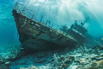 Fototapete Rund Underwater view of an sunken ship on seabed with fish swimming around © Kateryna