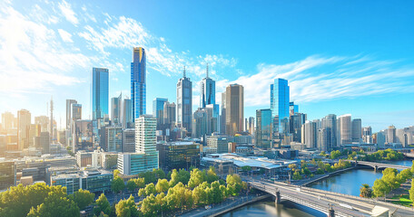 Modern Skyline with High-Rise Office Buildings under Blue Sky