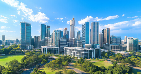 Obraz premium Modern Skyline with High-Rise Office Buildings under Blue Sky